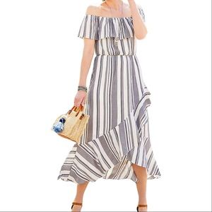 Maurices “Ruffled Stripe Off the Shoulder Maxi Dress” Black White Sun Dress 1X